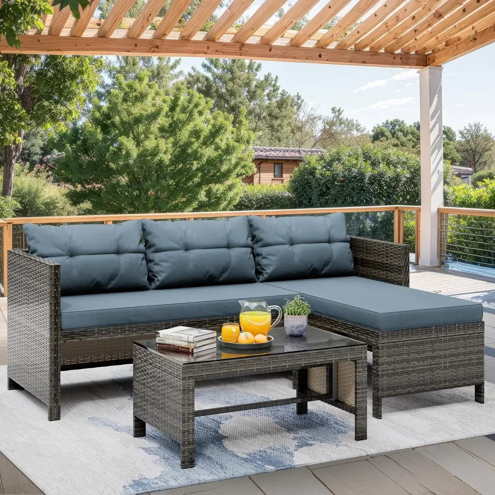 3-Piece Outdoor Patio Furniture Set – Waterproof All-Weather L-Shaped Sectional Sofa with Cushions & Glass Table for Durable Ou
