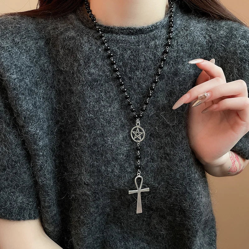 Ankh and Pentagram Rosary Necklace , Wicca, Pagan Rosary Black Beads Charm Jewelry for Women Gift Fashion Simple Jewellery