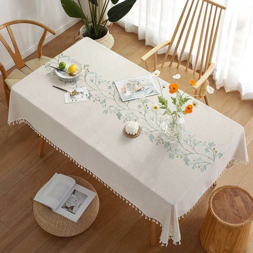 Embroidered Floral Pattern Tablecloth for Dining Table,Dust Proof Spillproof Soil Resistant Cotton Linen Rectangle Table Cover