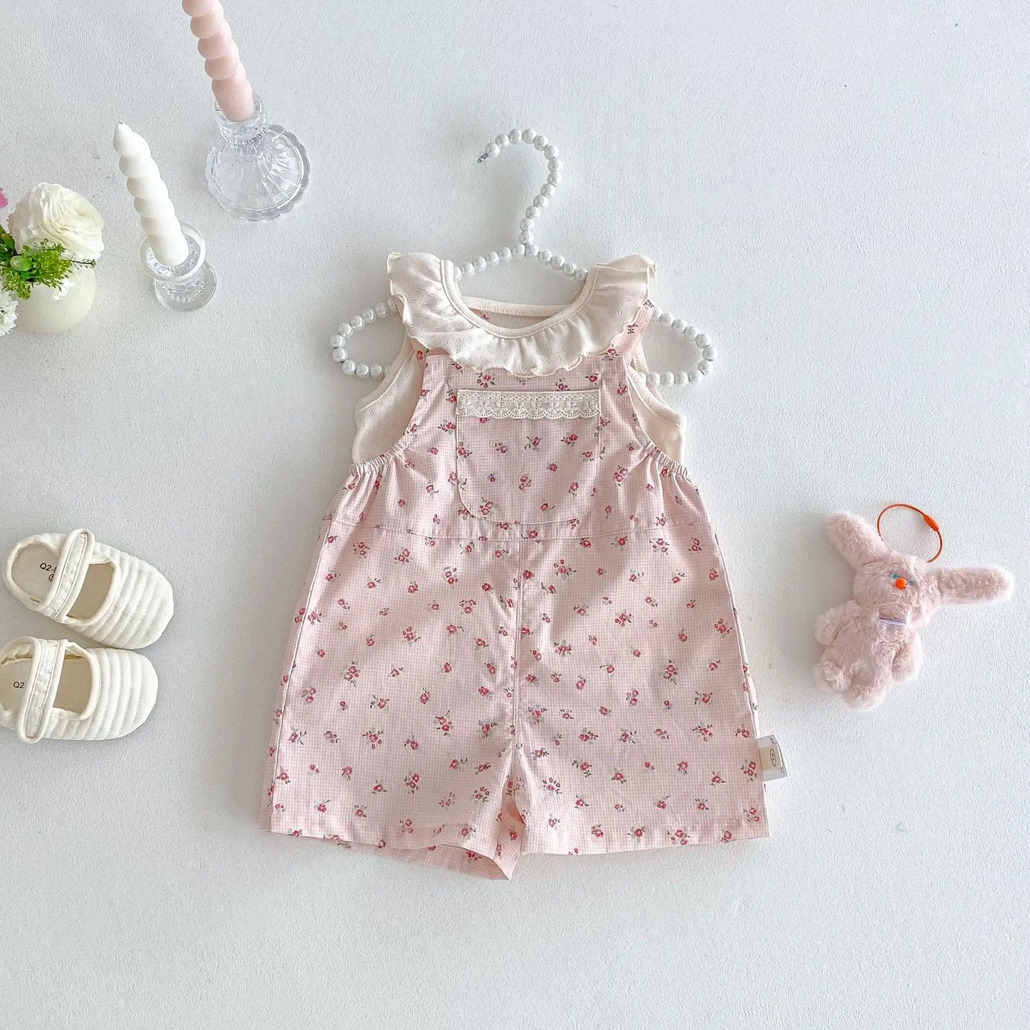2025 New Summer Baby Girl Korean Style Clothes Breathable Cotton Polyester Ruffled Doll Collar Vest & Floral Overalls