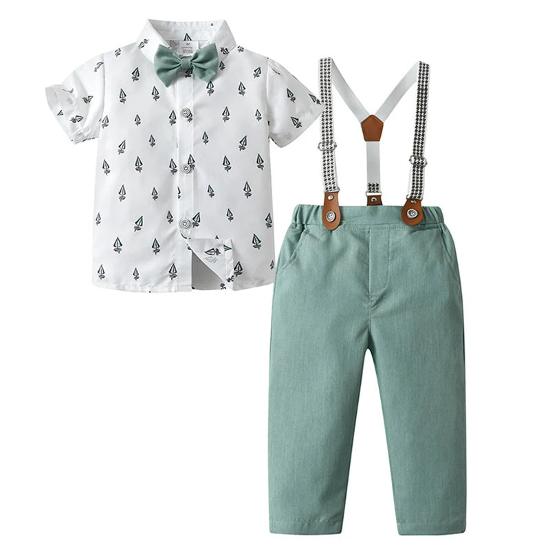 Baby Boy Clothes Set Summer Short Sleeve Shirt Bowtie +Suspenders Shorts 3pcs Kids Birthday Party Children Gentleman Suit