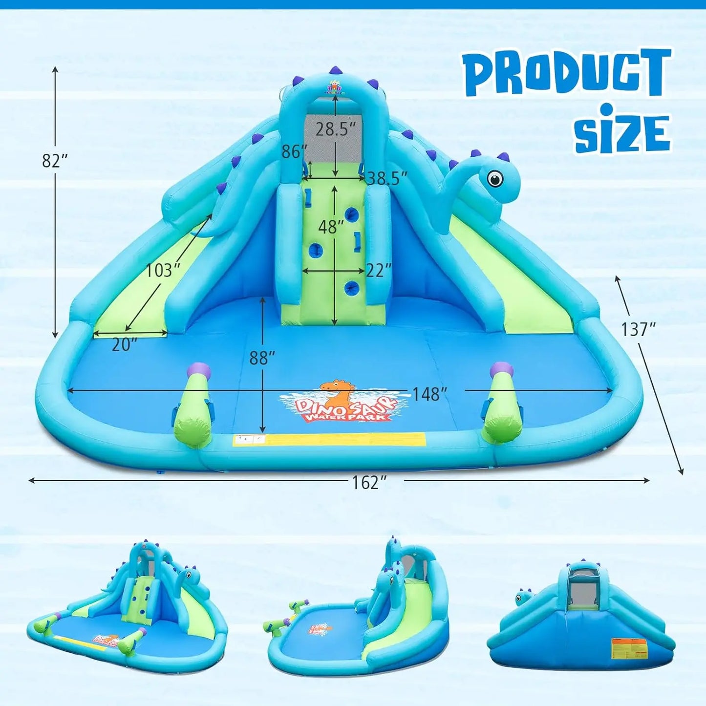 Inflatable Water Slide with Dinosaur, Double Slides Kids Mega Waterslide Park Heavy Climbing Wall for Outdoor Racing, Blow up Wa
