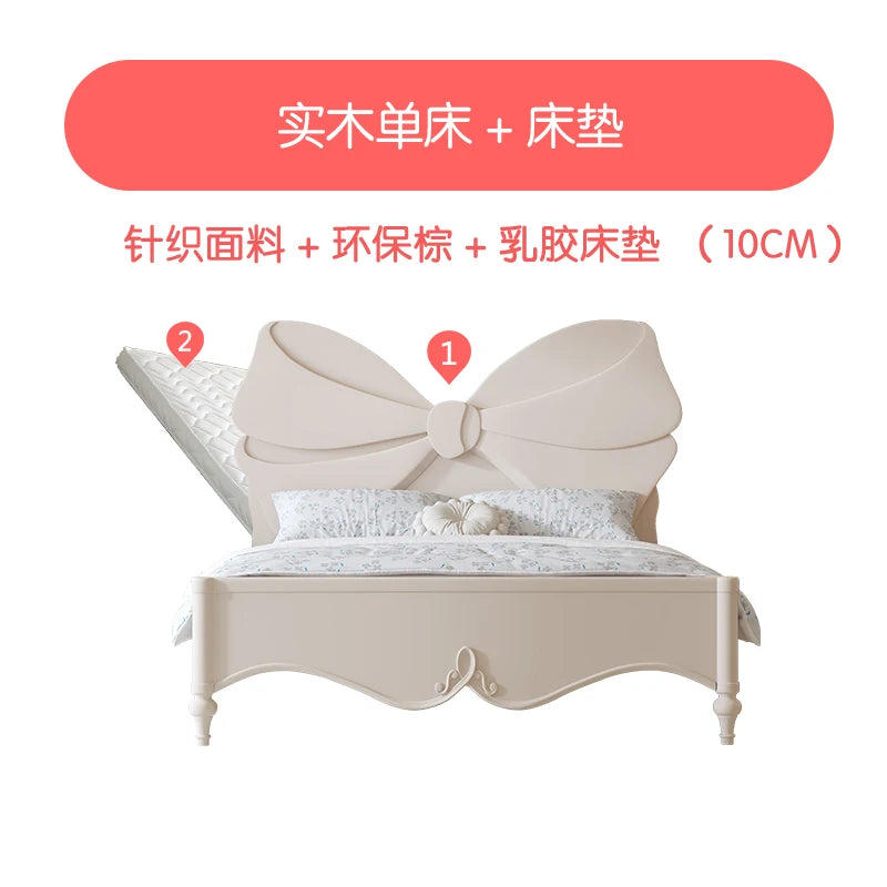 Girl Princess Bed French Cream Wind Children's Bed SingleWhite Bow Girls Full Solid Wood Bedroom
