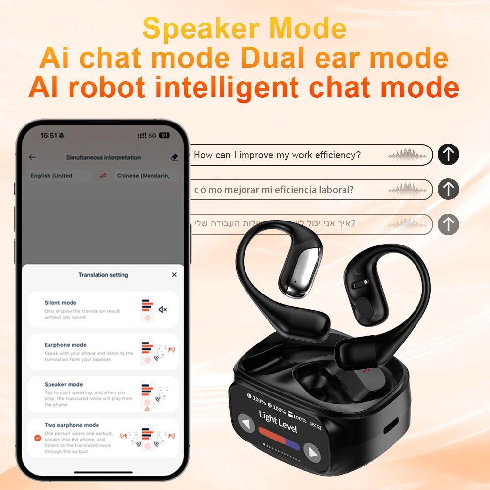 Smart Touch Screen Bluetooth 5.4 Earphones Sports OWS Wireless Translation Headphones Business Earbuds IPX6 Waterproof Headset