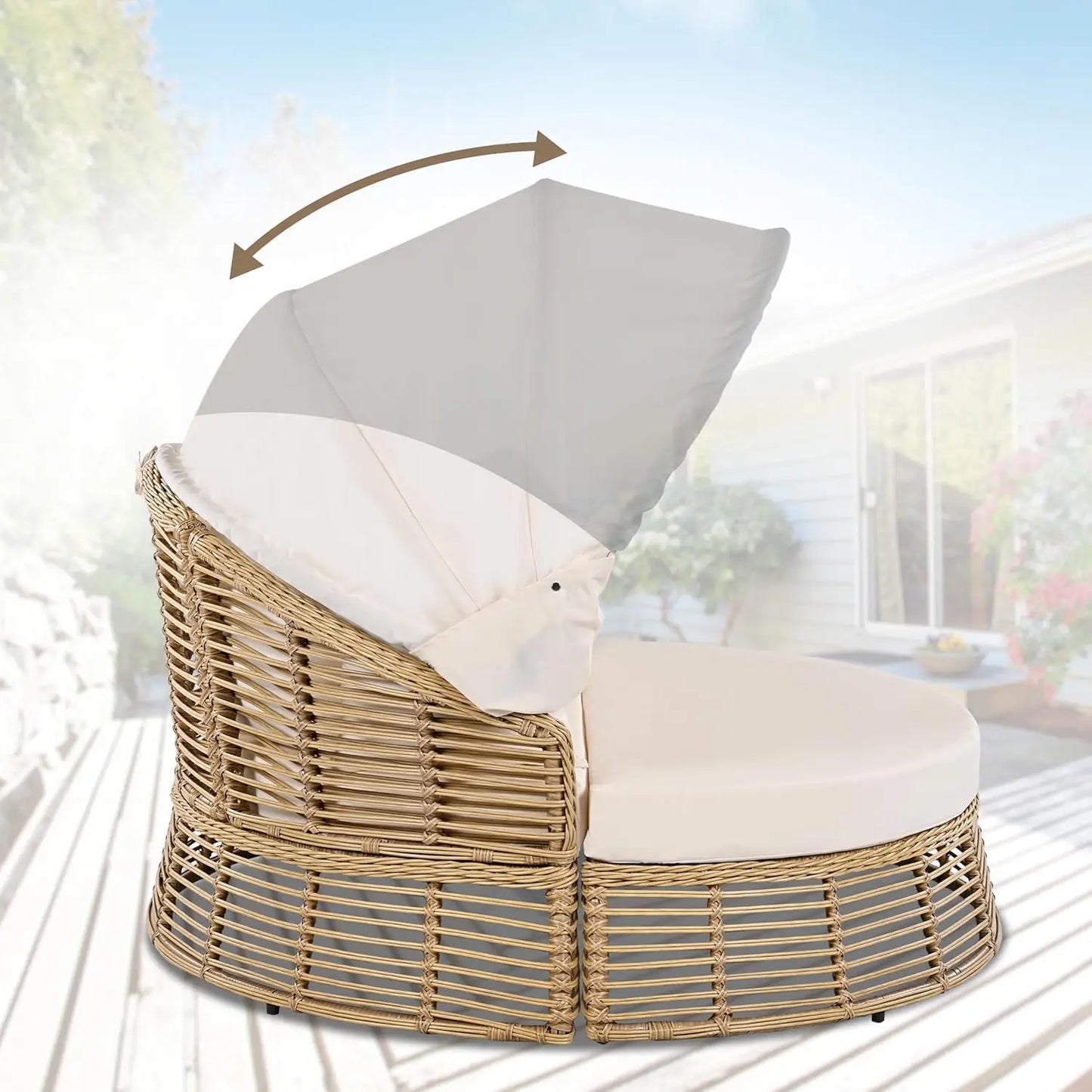 Patio Rattan Round Daybed with Retractable Canopy Wicker Sofa Sunbed with Removable Cushionsfor Outdoor Backyard Porch Lawn Gard