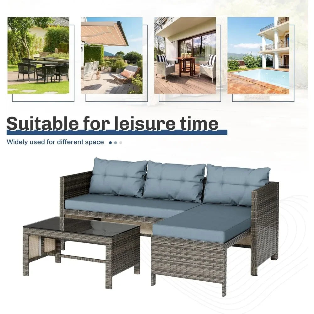 3-Piece Outdoor Patio Furniture Set – Waterproof All-Weather L-Shaped Sectional Sofa with Cushions & Glass Table for Durable Ou