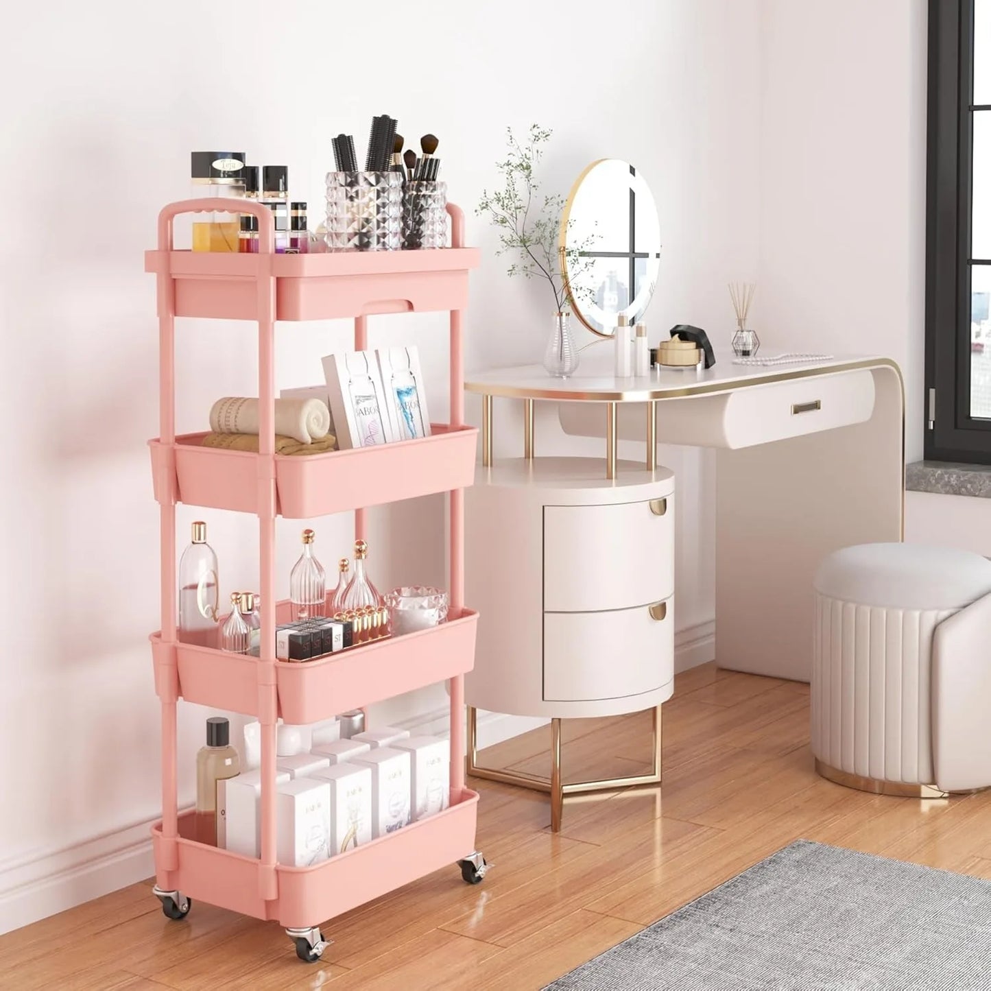4-Tier Rolling Utility Cart with Drawer,Multifunctional Storage Organizer with Plastic Shelf & Metal Wheel,Storage Cart,Pink