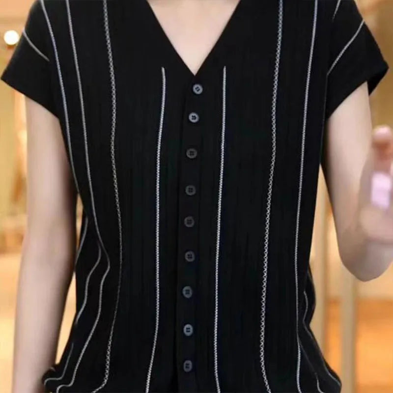 Women's Clothing Hollow Out French Style Cardigan Summer Striped Large Size Knit tees Short Sleeve Lady V-neck All-match Tops