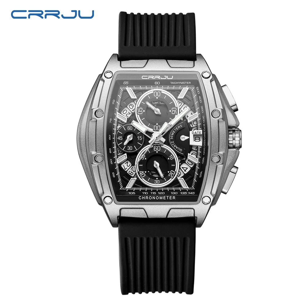 CRRJU Brand Men Watch Domineering Barrel Watch Curved Mirror Hollow Surface Sports Men Watch Silicone Quartz Wristwatch