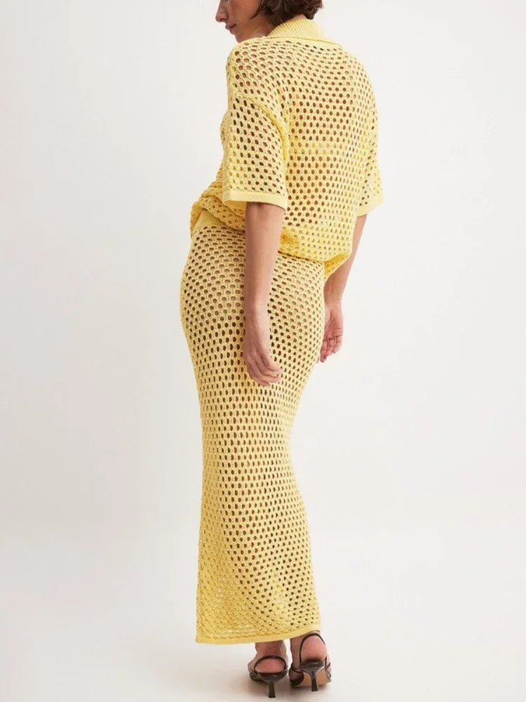 Women's Clothing New Summer Casual Dress Sets Fashionable Mesh Fishnet Beach Knit Blouse Long Skirt Matching Sets for Women