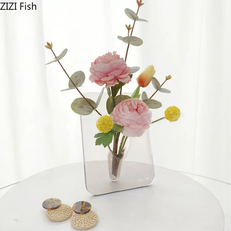 Minimalism Transparent Vase Flowers Pots Desk Decoration Flower Arrangement Geometry Square Floral Vases Room Aesthetic Decor