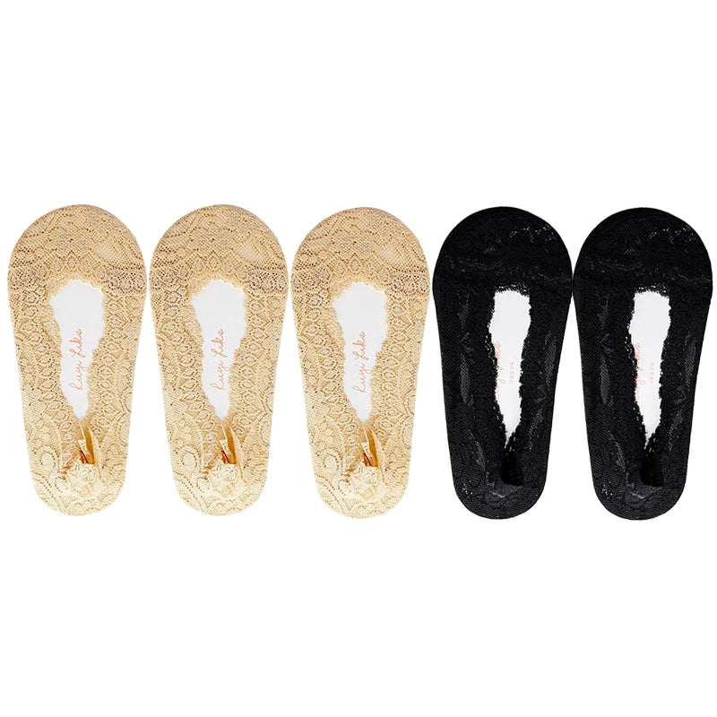 5 Pairs/Lot Socks Women's Ankle Short No-Show Invisible Foot Summer Thin Cotton Set White Low Cut Boat Lace Silicone Non-Slip