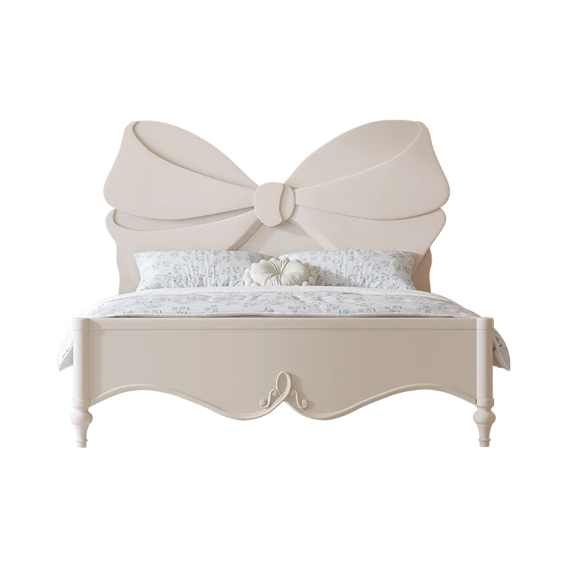 Girl Princess Bed French Cream Wind Children's Bed SingleWhite Bow Girls Full Solid Wood Bedroom