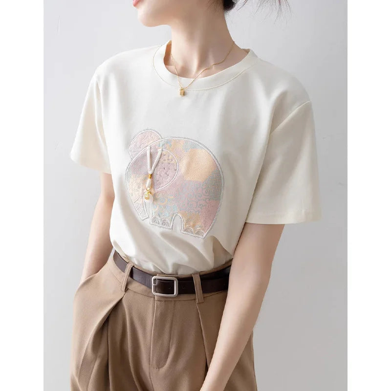 Women Clothing Fashion Cartoon Embroidery Pure Cotton T-Shirt Summer Vintage Loose O-neck Elegant Short Sleeve Tops