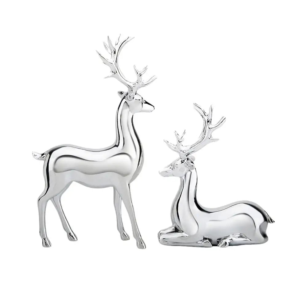 Silver Deer 2PCS Electroplated Silver Deer Figurine Handicraft Piece Resin Sculpture Christmas Center Table Decorations