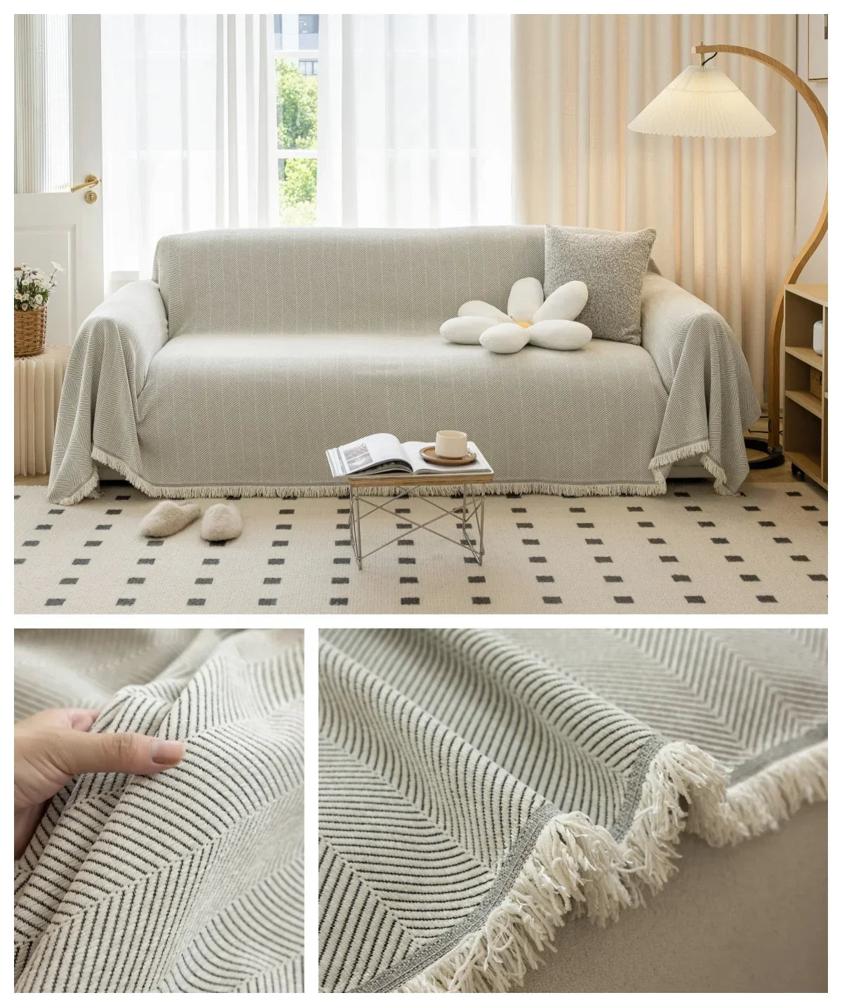 Sofa Towel Living Room Sofa Cover Solid Non Slip Washable Breathable Tassel Edge Cushion Home Decoration