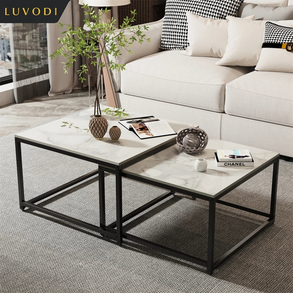 LUVODI Rectangle White Nesting Coffee Table Set Living Room Black Stack-able Accent Tables with Marble Tabletop