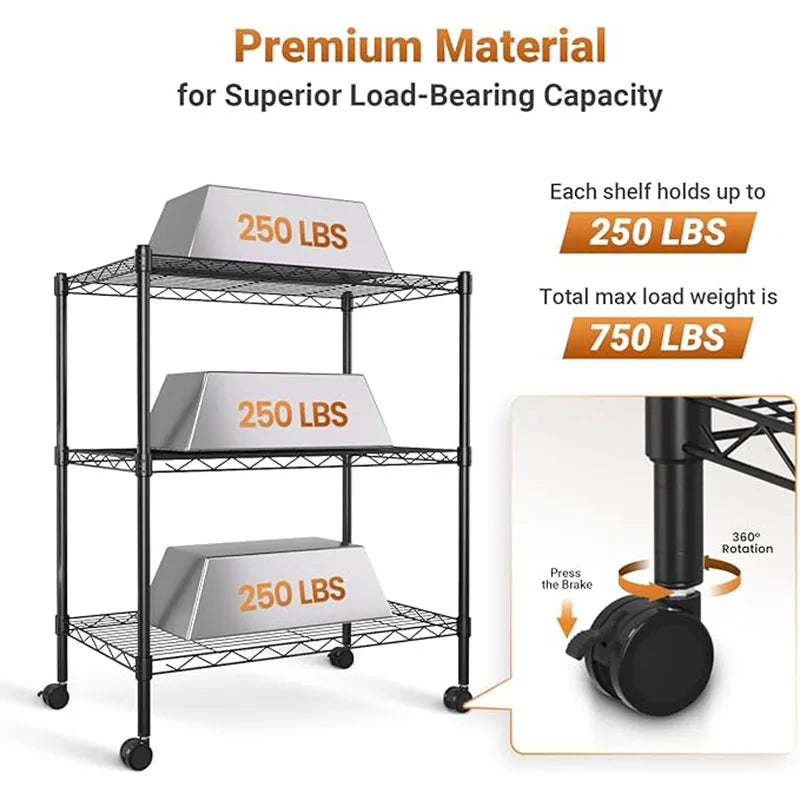 YSSOA Heavy Duty 3-Shelf Shelving with Wheels, Adjustable Storage Units 750Lb Capacity, Steel Organizer Wire Rack, Plug Version