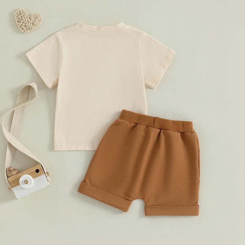 2024-12-31 Lioraitiin Toddler Boy Summer Outfits Tractor Letter Print Round Neck Short Sleeve Tops with Solid Shorts Outfit