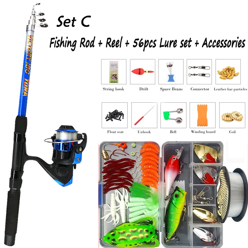 Fishing Rod Combo Full Kits 1.8M Telescopic Spinning Reel Baits Lure Set Travel Fishing Gear Hooks Pole Accessories Beginner