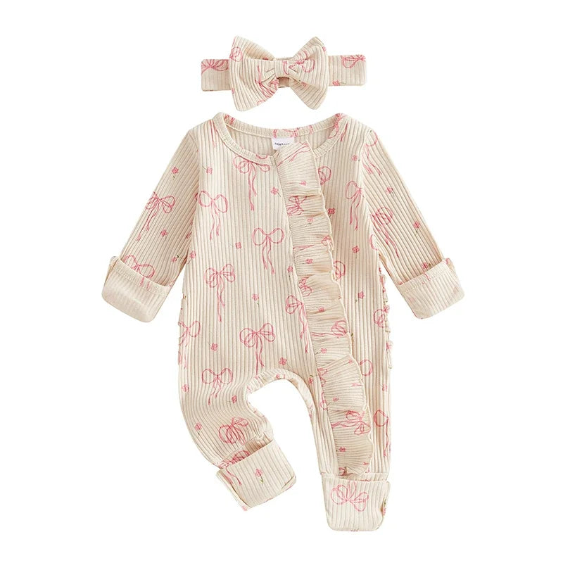 Infant Baby Girl Outfit Bow Print Long Sleeve Ruffled Zipper Front Ribbed Jumpsuit Bow Headband Newborn Clothes