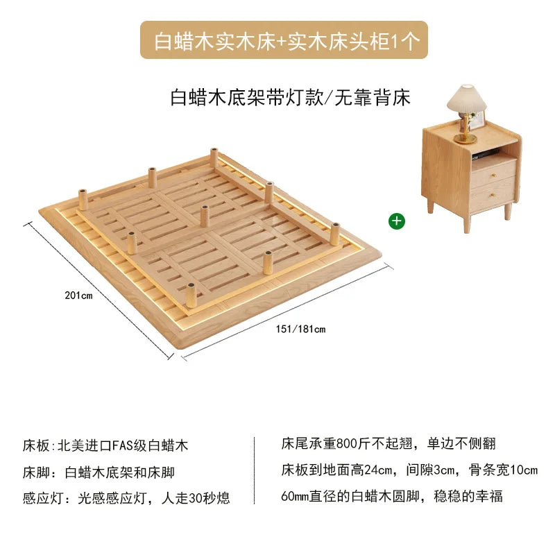 Suspended Bed Minimalist Ash Wood Bedside Frame 2023 New Wabi **** Wind Master Bedroom Simple Pure Solid Wood Bed With Lamp