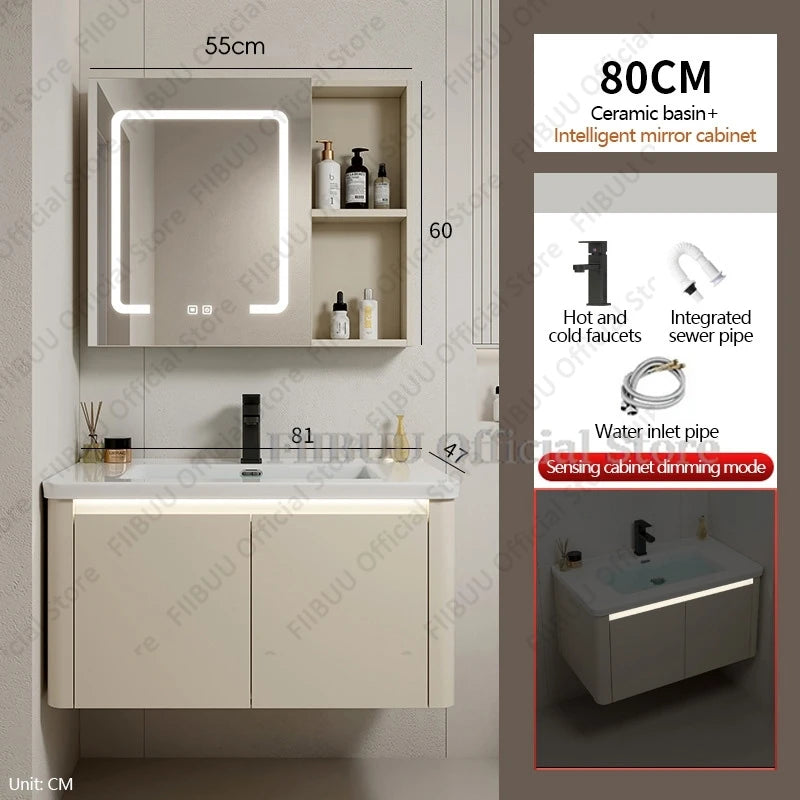 Bathroom Cabinet with Rounded Corners Ceramic Washbasin Wall-mounted Bathroom Dressing Storage Cabinet with Mirror and Faucet