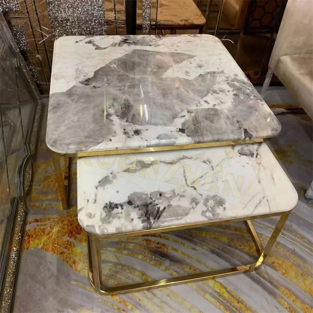 Living room furniture space saving center table 2 pieces silver coffee table set mirror smart square glass coffee table