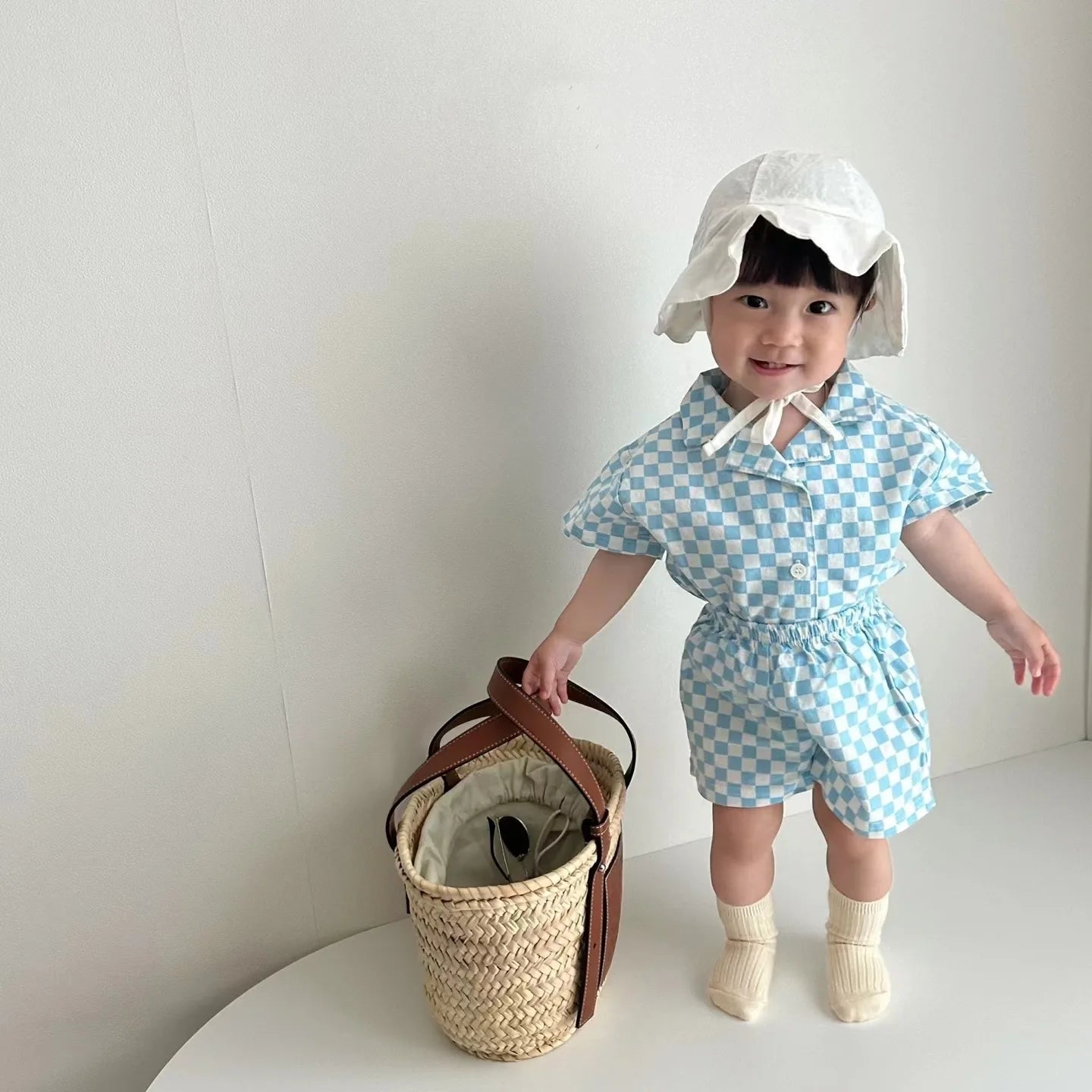 2024 Infant Baby Boy 2 Piece Clothes Look Set Single Breasted Muslin Homewear Polo Shirt Suit Loose Plaid Shorts Kid Boy Outfit