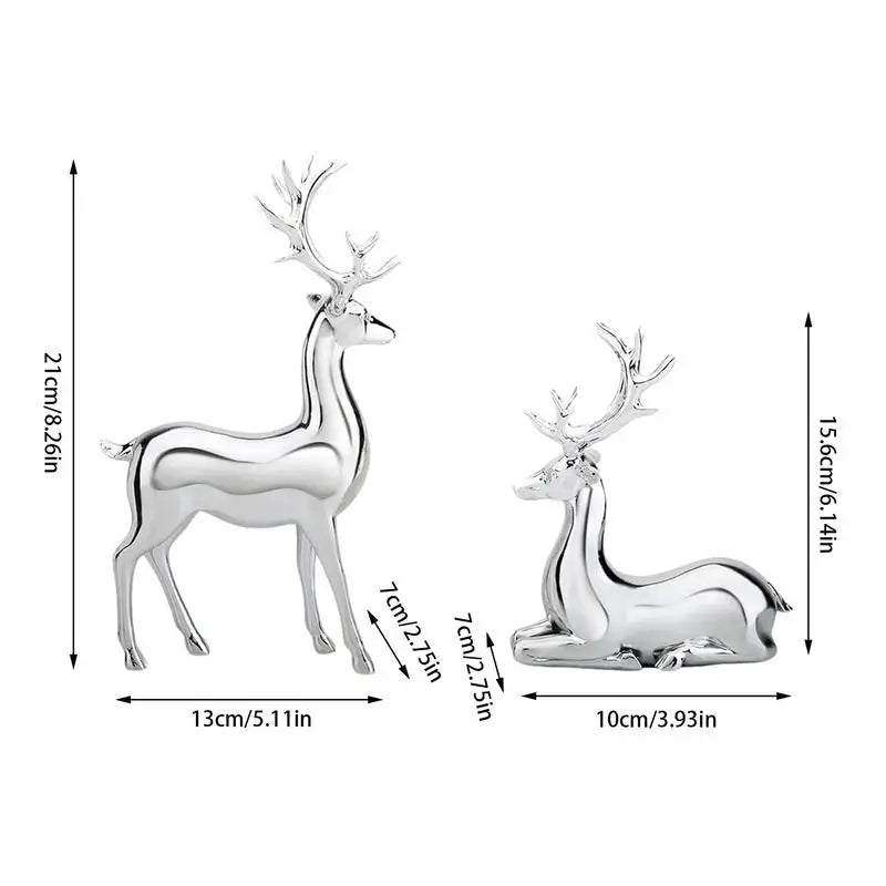 Silver Deer 2PCS Electroplated Silver Deer Figurine Handicraft Piece Resin Sculpture Christmas Center Table Decorations