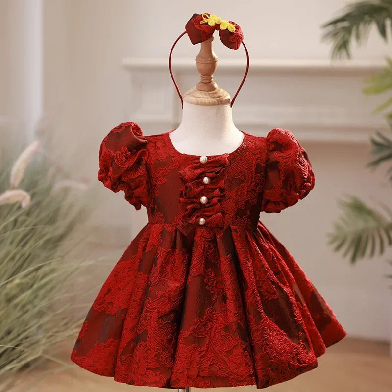 Baby Girl Clothing Children Flower Dress Outfits Birthday Baptism Elegant Kids Bow Boutique Party Red Ball Gown Toddler Clothes