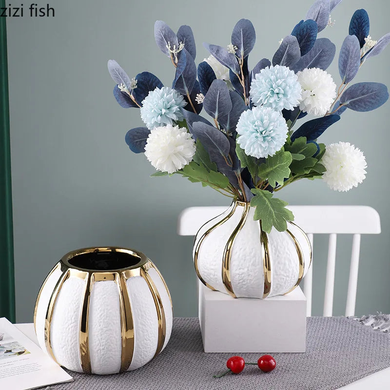 White Gold Ceramic Vase Desktop Flower Arrangement Hydroponic Vases Dried Flowers Vase Plant Vases Flowerpot Decoration Crafts