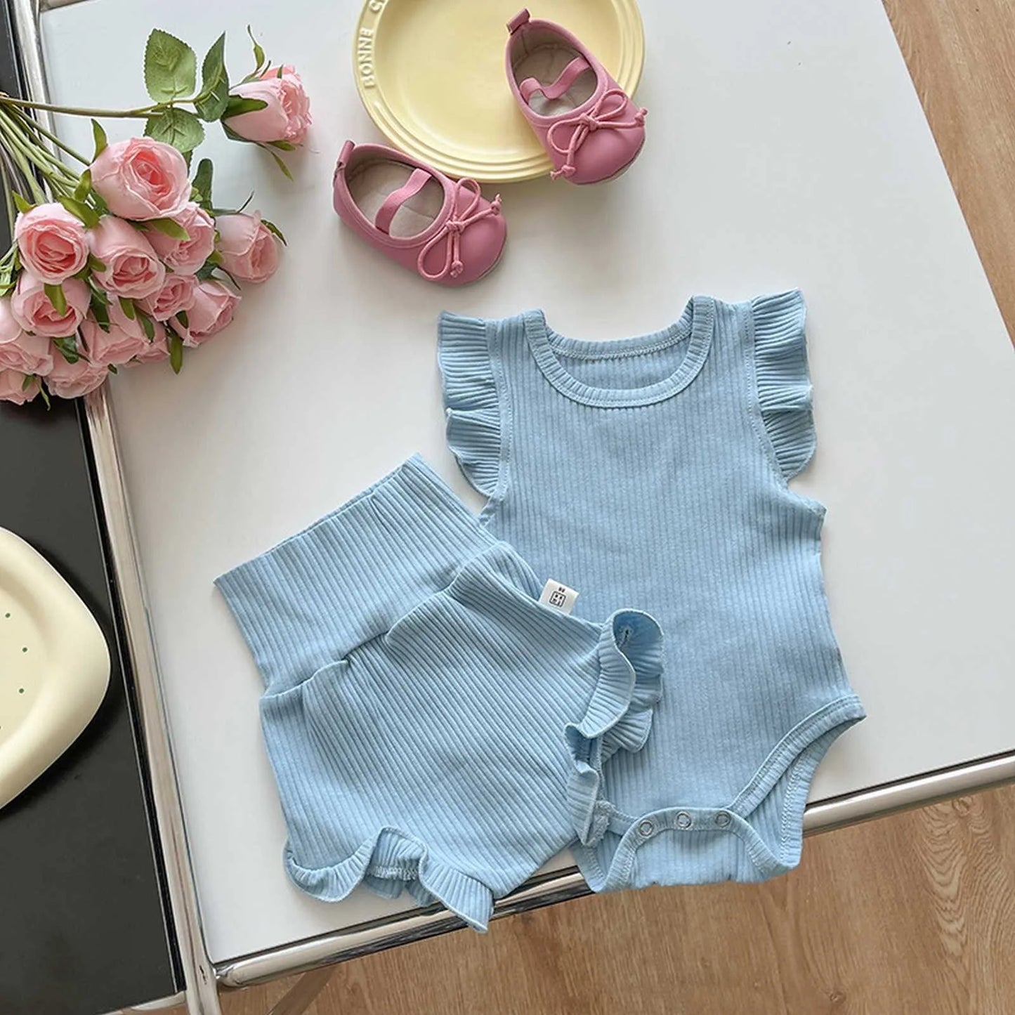 Summer Baby Suit Toddler Boys Girls Ruffle Romper+High Waist Shorts Solid Color Two Pieces Outfits Children's Home Clothes Set