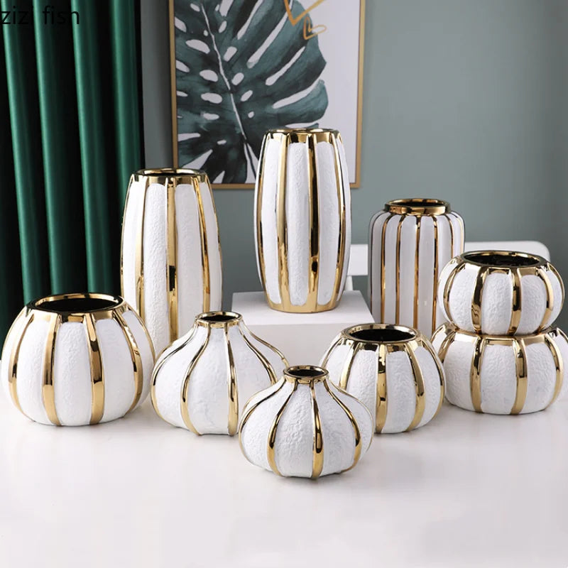 White Gold Ceramic Vase Desktop Flower Arrangement Hydroponic Vases Dried Flowers Vase Plant Vases Flowerpot Decoration Crafts