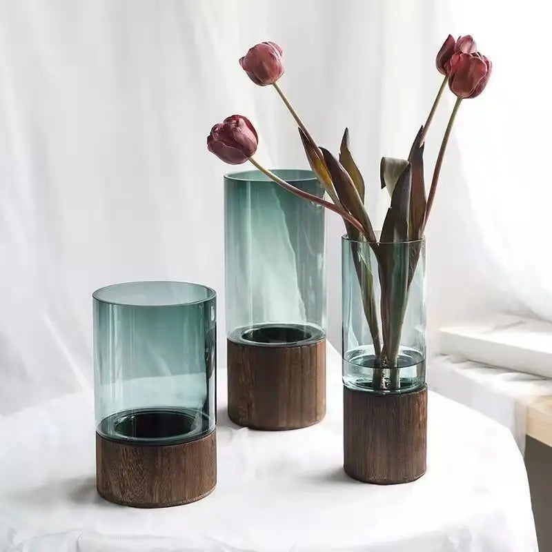 Vases Simple European hydroponic plant household living room table inserted flower wood base transparent glass vase Home Decor