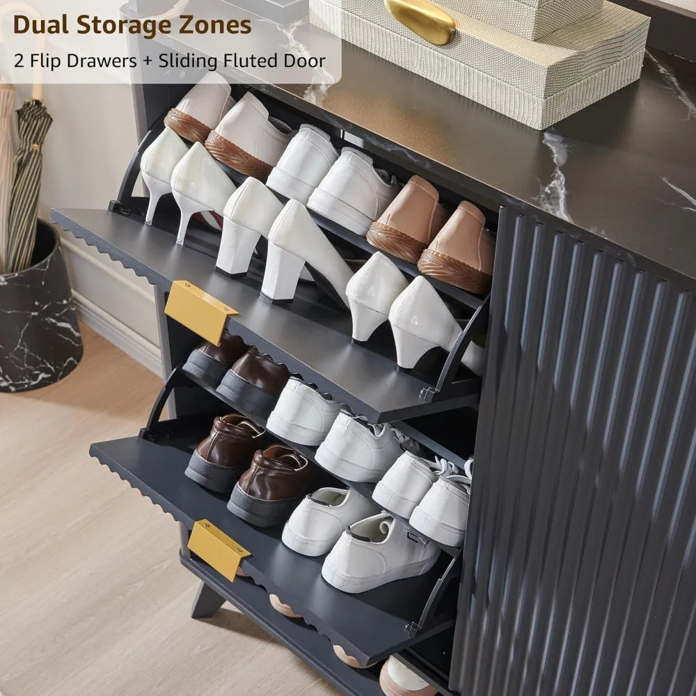 Fluted Shoe Storage Cabinet with 2 Flip Drawers & Sliding Door, 4-Tier Adjustable Shelves, 47" Wide Freestanding Shoe Organizer