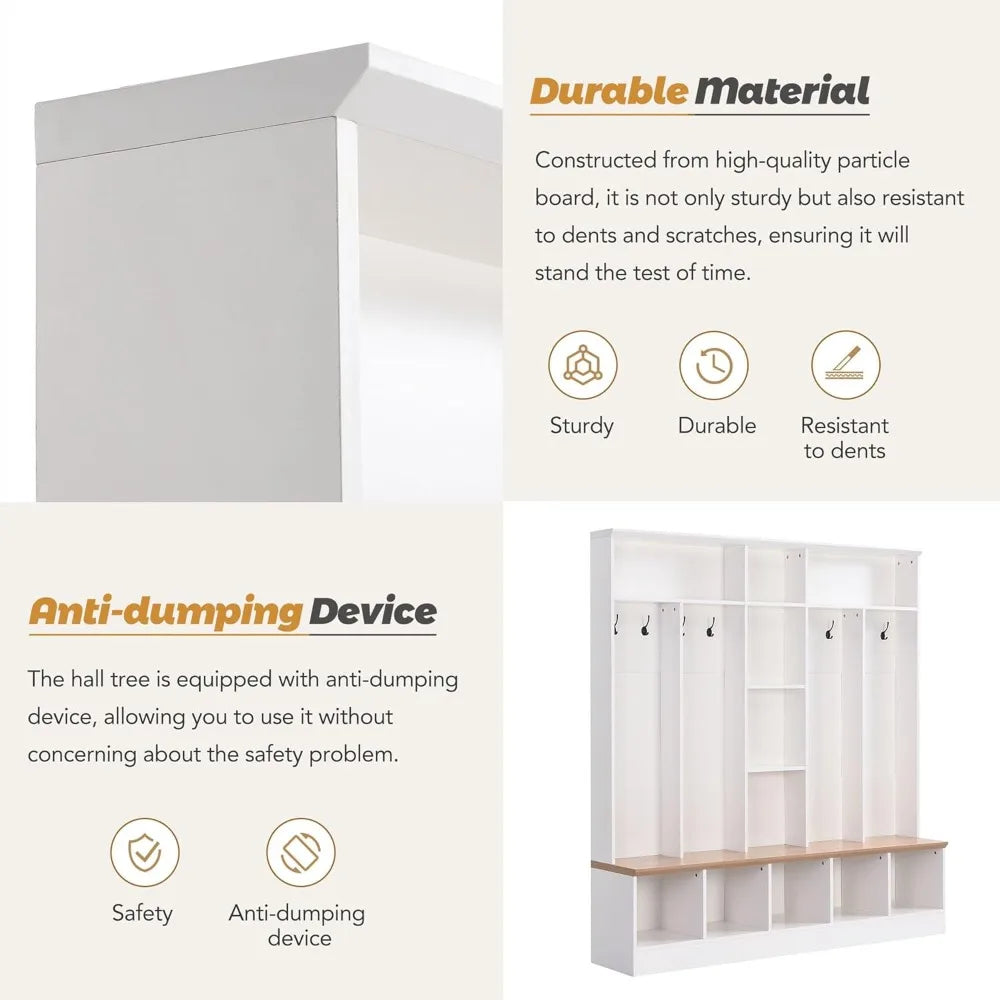 ON-TREND Wide Design Hall Tree with Storage Bench, Minimalist Shoe Cabinet with Cube Storage & Shelves, Multifunctional Coat Rac