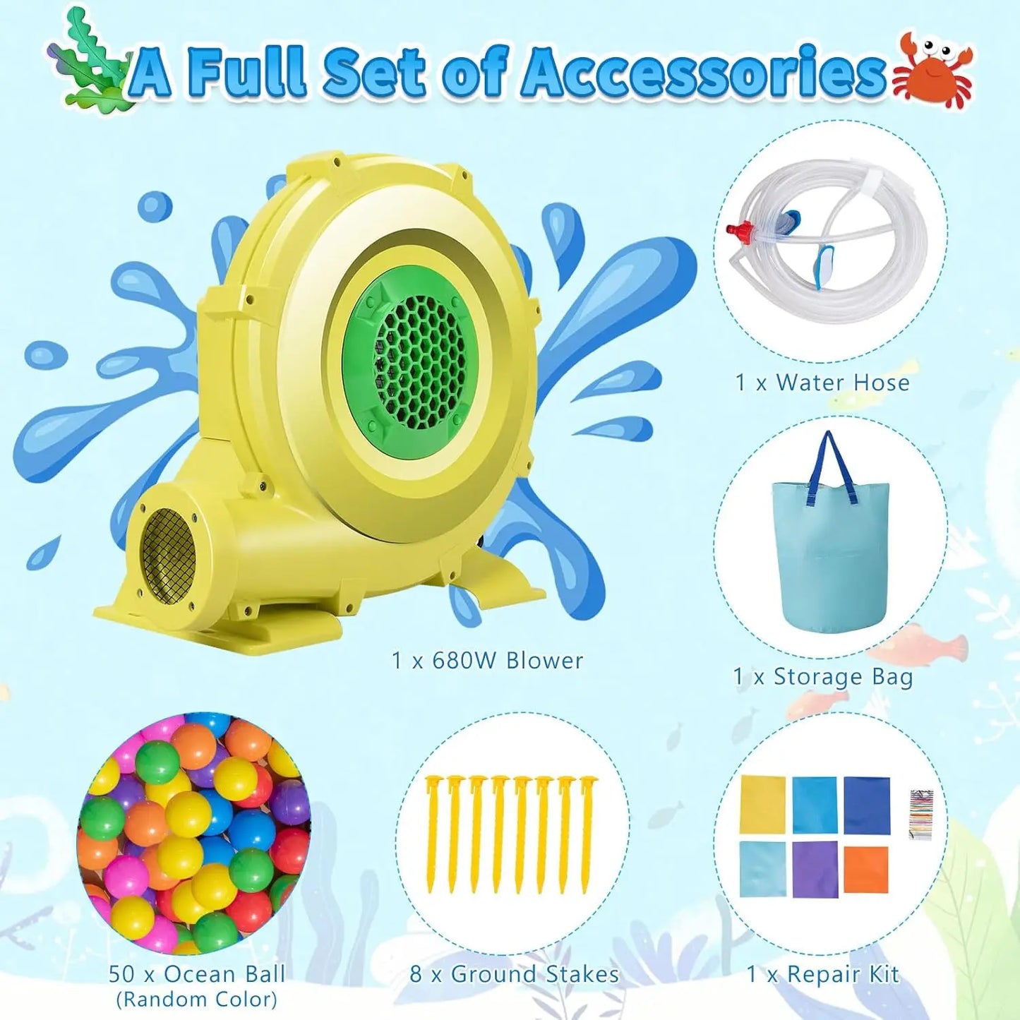 Inflatable Water Slide with 735w Blower, Ocean Themed Bounce House Water Park with Ball & Splash Pool, Indoor Outdoor Bouncy Cas