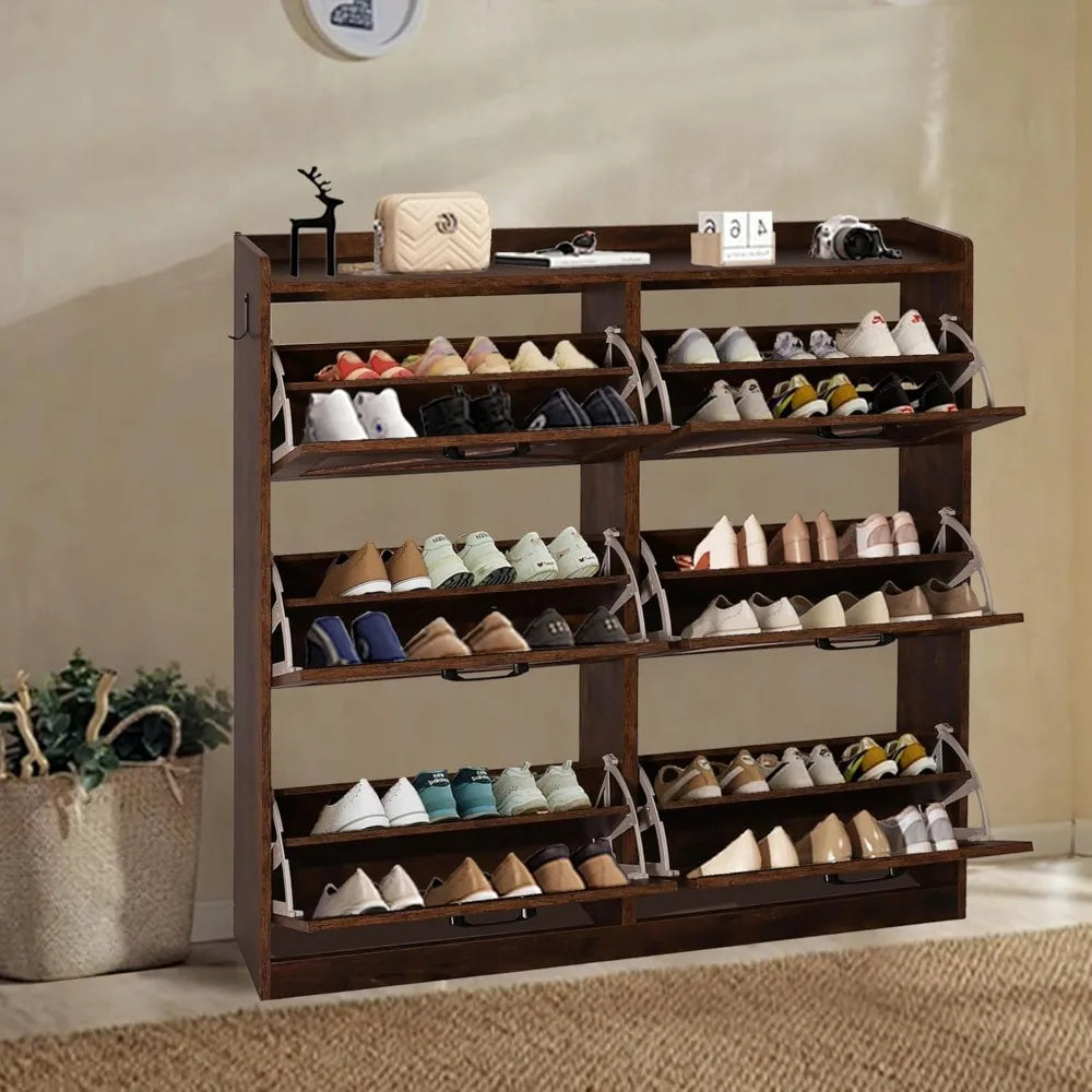 Shoe Storage Cabinet for Entryway, Hidden Shoe Rack Cabinet with 6 Flip Drawers, Farmhouse Freestanding Shoe Organizer Shoe Orga