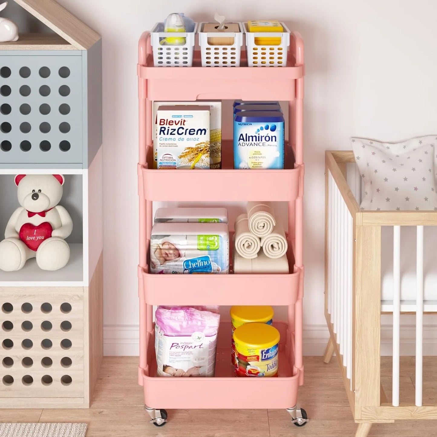 4-Tier Rolling Utility Cart with Drawer,Multifunctional Storage Organizer with Plastic Shelf & Metal Wheel,Storage Cart,Pink