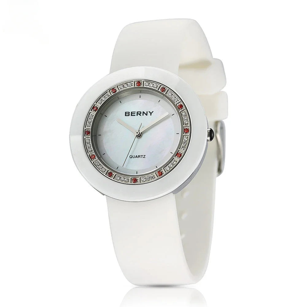 BERNY Women's Bracelet Watches Diamond Ceramics Watch Luxury Wristwatch Quartz Watch Waterproof Ultra Light weight Women Watch