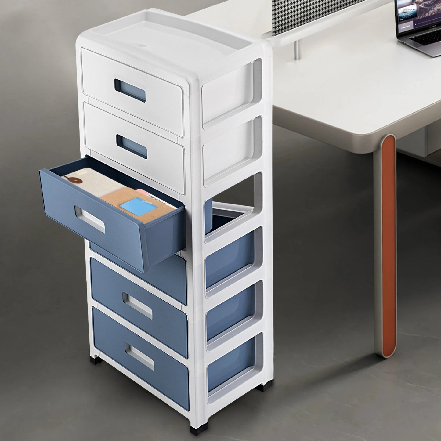 6-Tier Drawer Cabinet, Blue-White Drawer Desktop Organizer Box, Plastic Drawer Container Storage Box for Home, Office, Study