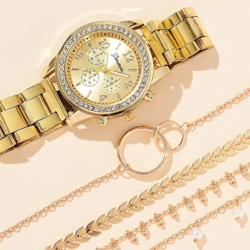 5pcs Quartz Watch Set Women Fashion Silver Round 3 Eyes Alloy Strap Watch Gift Rhinestone Watch Women Jewelry Set