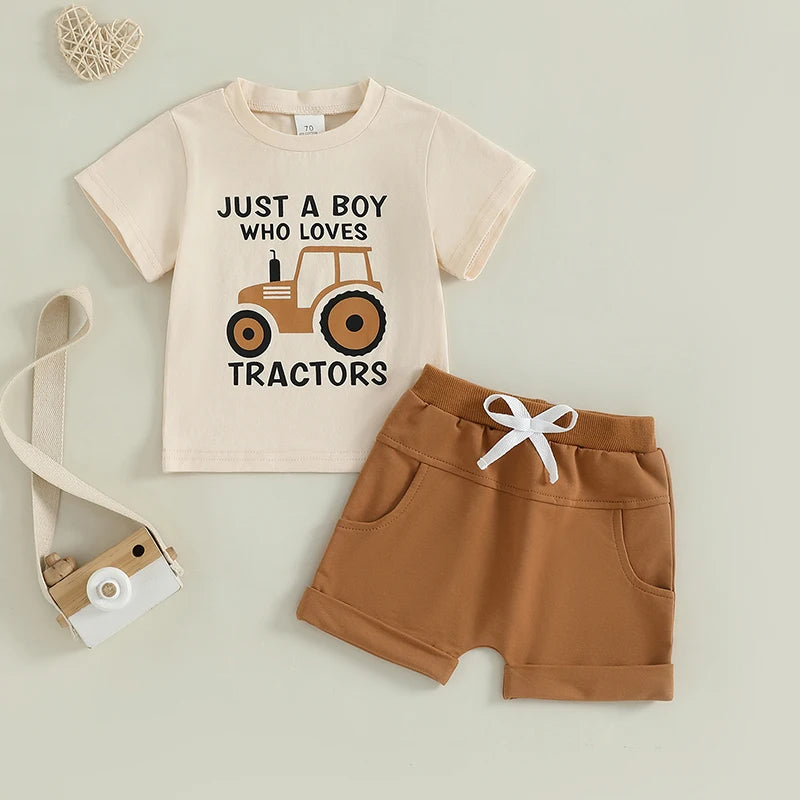 2024-12-31 Lioraitiin Toddler Boy Summer Outfits Tractor Letter Print Round Neck Short Sleeve Tops with Solid Shorts Outfit