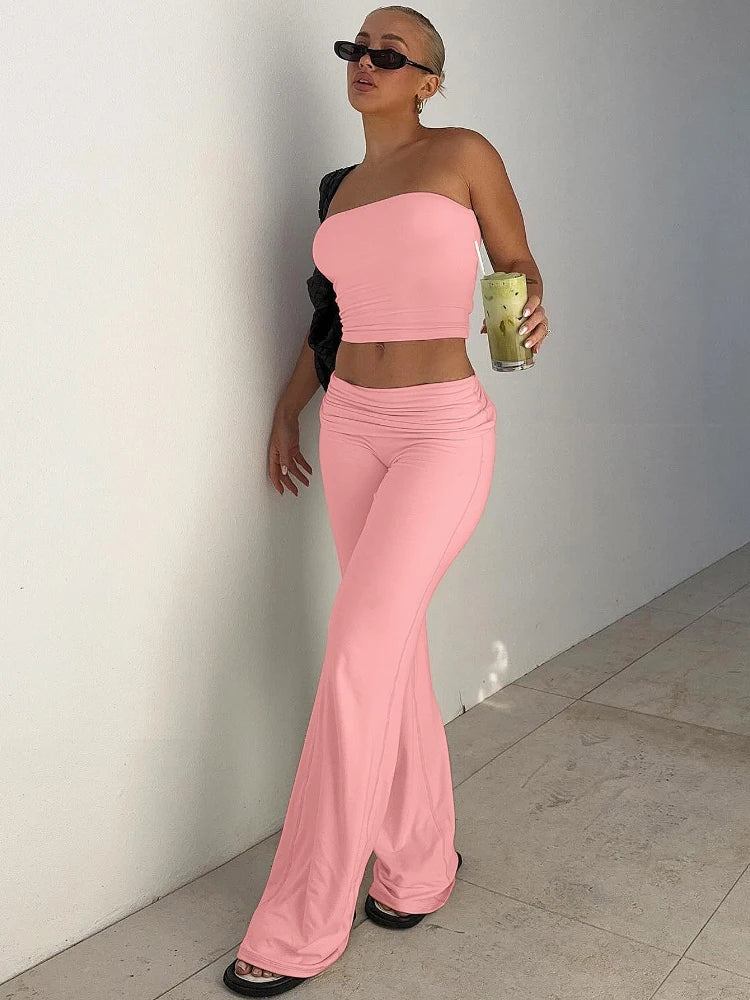 Women's Clothing 2025 Spring Fashion New Item Solid Color Strapless Top Flared Pants Fashionable Slim Fit Sports Suit for Women