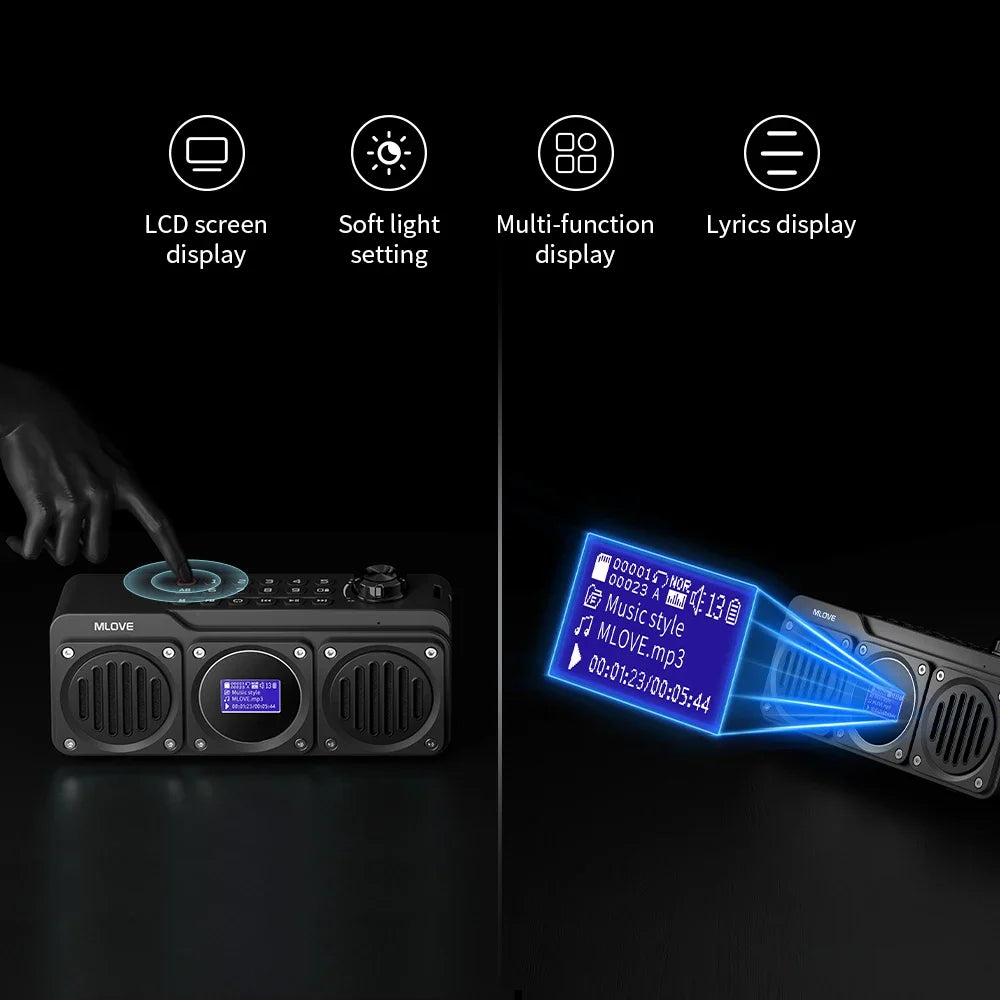 MLOVE Portable Bluetooth Speaker with FM Radio LCD Screen Multifunctional HD Free Call TF Card Support Wireless Outdoor Speaker