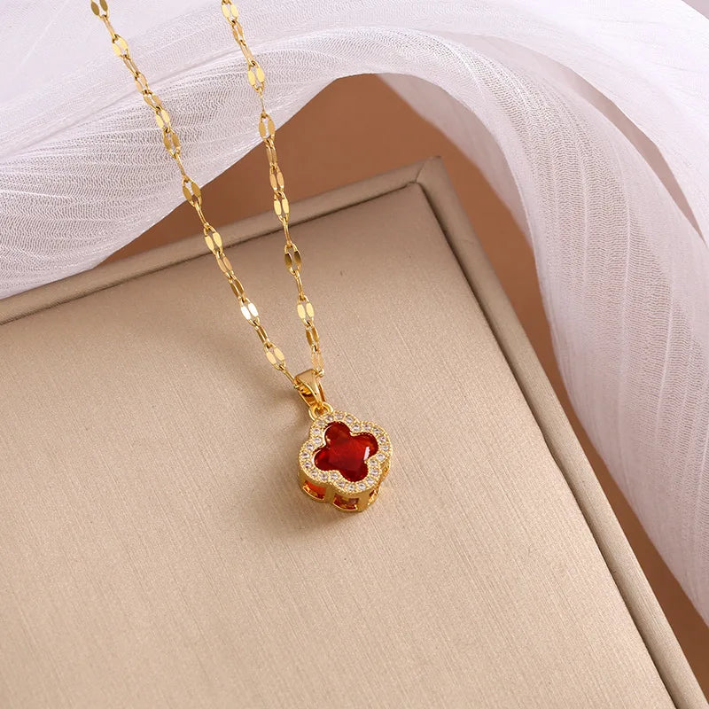 Multicolor zircon four-leaf clover necklace female personality fashion niche collarbone chain design sense