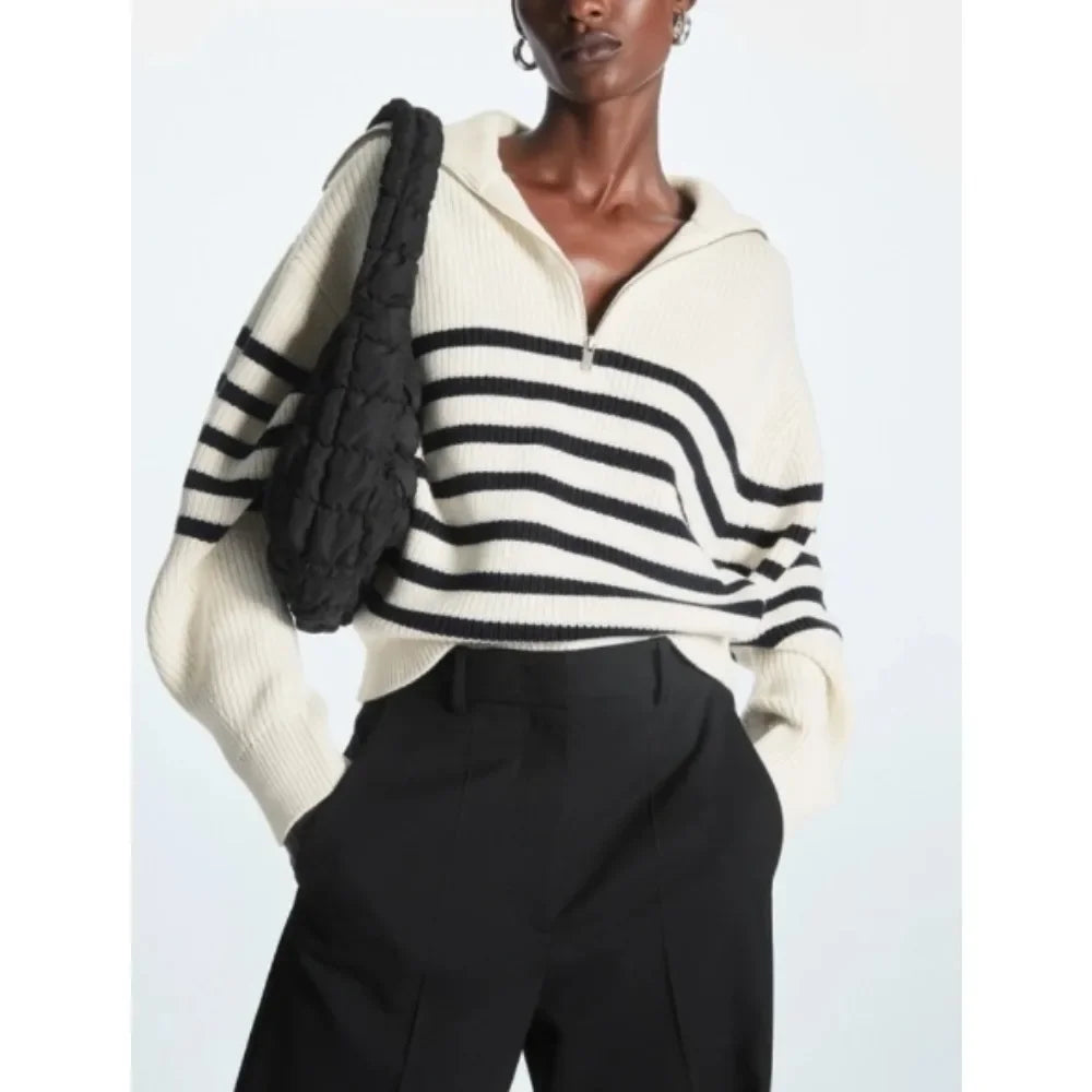 Women's Turtleneck Loose Lapel Striped Knitwear sweater Women Pulovers New Simplicity Half Zipper Casual Women's sweatshirt 2025