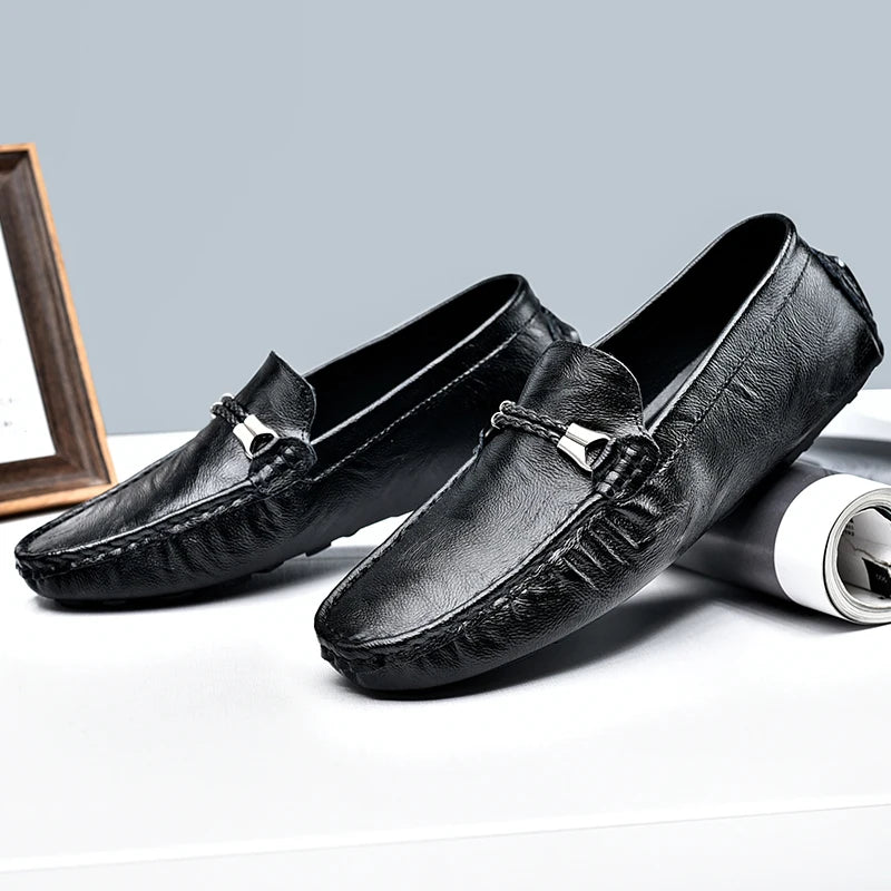 Genuine Leather Mens Loafers Fashion Slip on Soft Flats Simple Moccasin Comfy Handmade Man Driving Footwear Non-Slip Boat Shoes