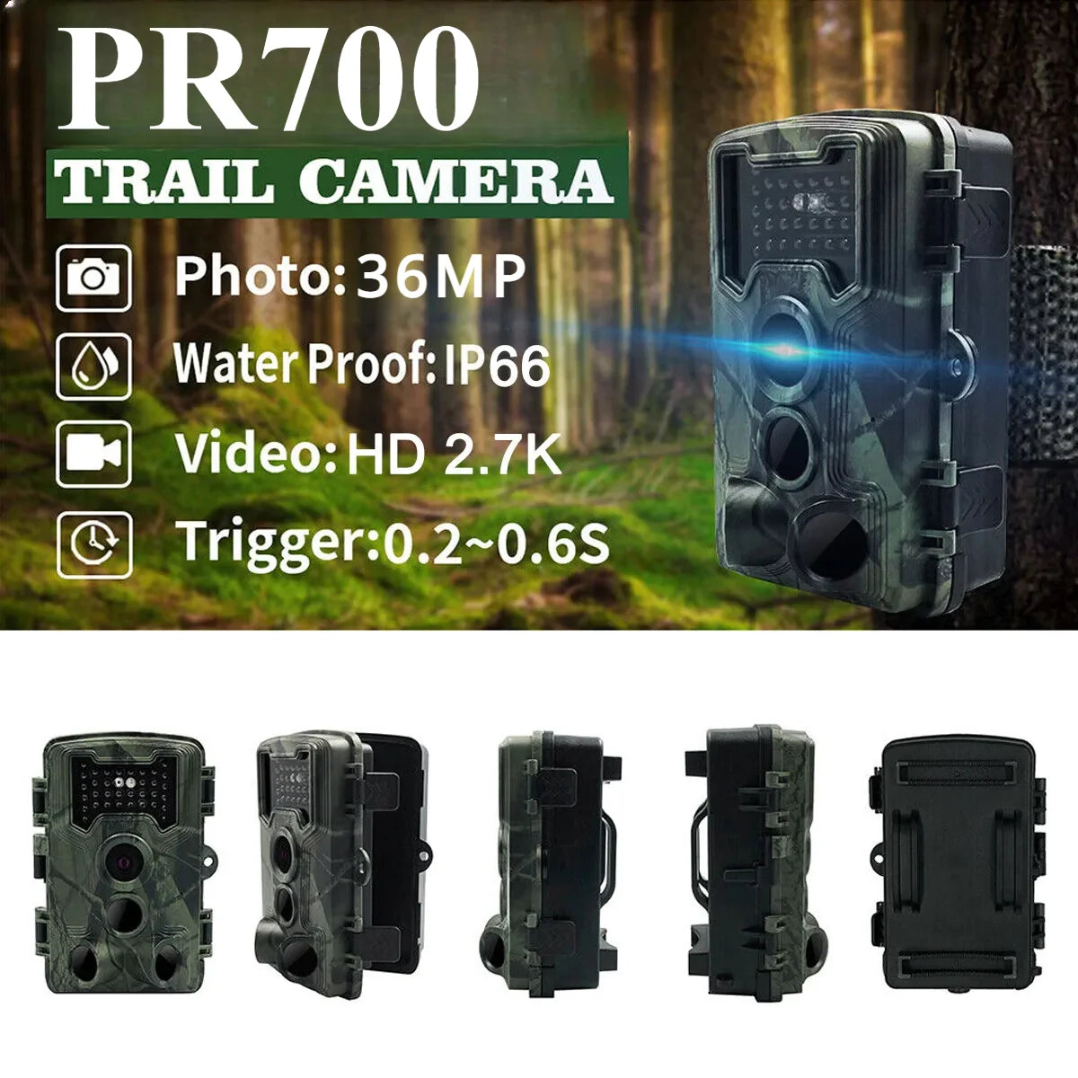 Hunting Trail Camera 58MP IP66 PR700 HD Game Night Vision Motion Activated Trigger Security Cameras Outdoor Wildlife Photo Traps